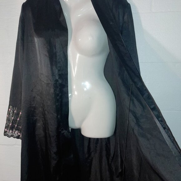 Delicates Women's Black Silky Wrap Robe Lightweight Intimates Rosebud Lace - Picture 8 of 10